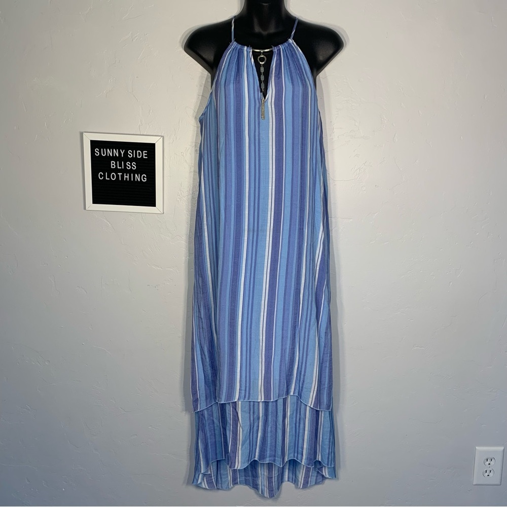 Mlle Gabrielle Blue White Striped Halter Maxi Dress Medium Boho Summer